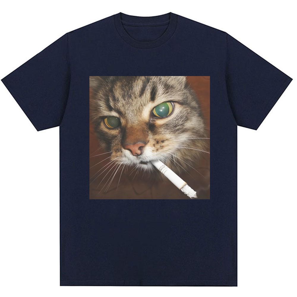 Summer Funny Smoking Cigarette Cat Meme Graphic T-Shirt Men Women Fashion Vintage T-shirts Pure Cotton Casual T Shirt Streetwear