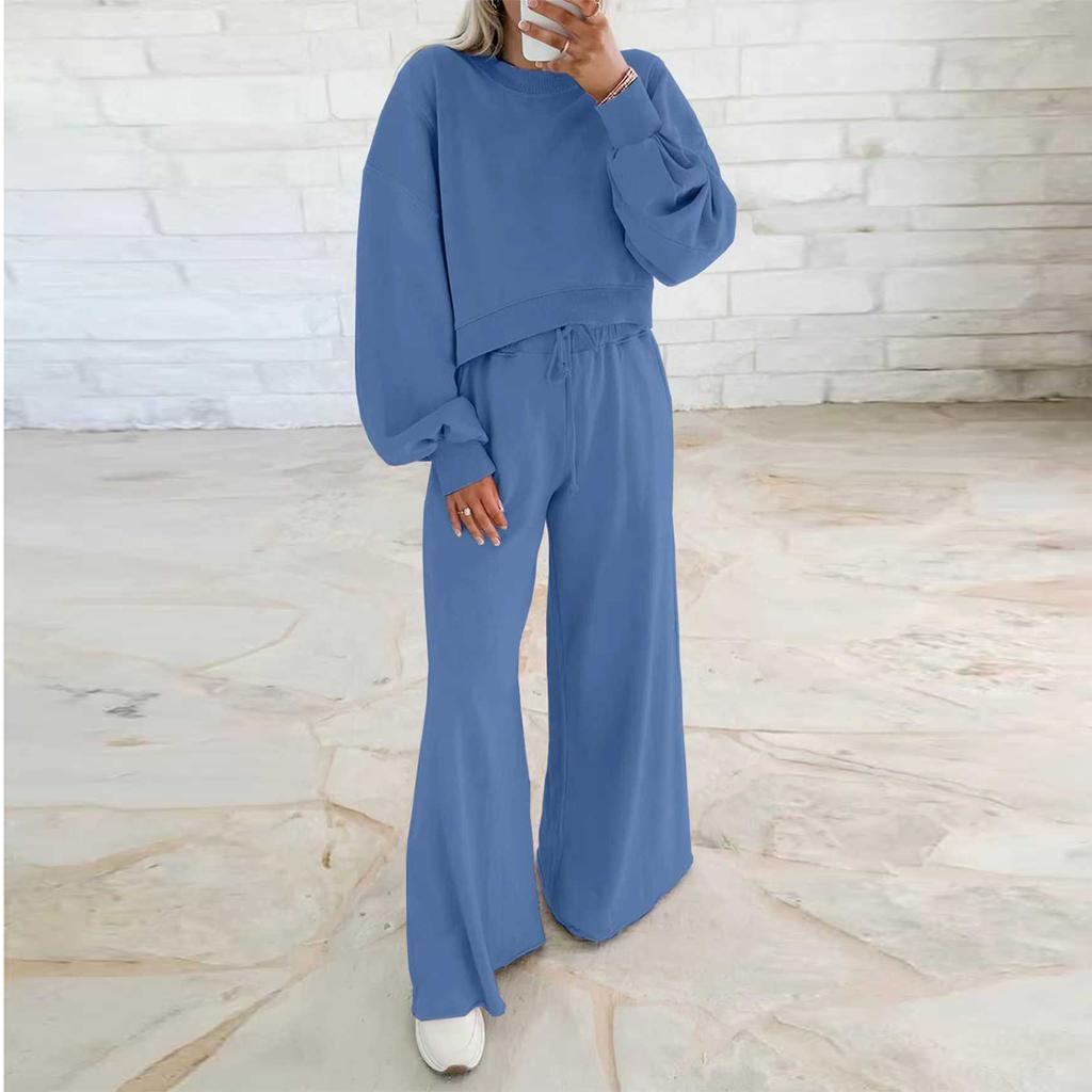 Women's Fashion Round Neck Solid Color Long Sleeve Top Elastic Waist Straight Pants Casual Set