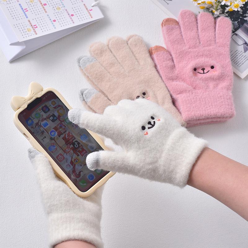 Kawaii Knitted Gloves Cute Cartoon Embroidered Bear Touchscreen Glove for Women Autumn Winter Warm Shopping Knit Soft Gloves