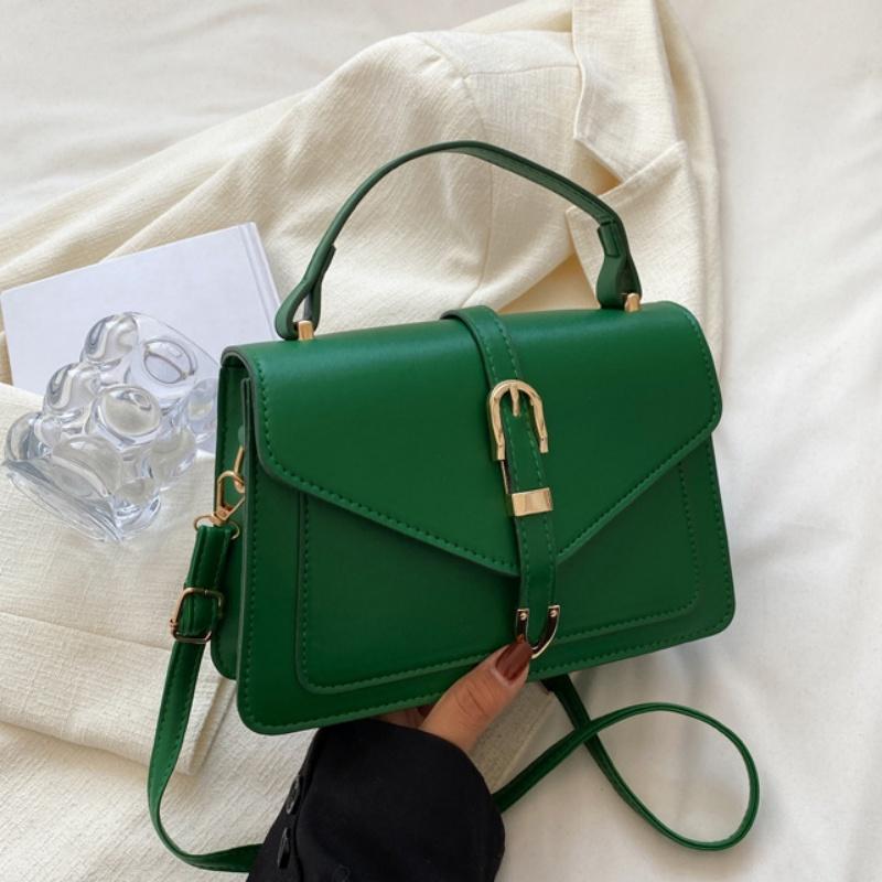 Fashionable Minimalist Crossbody Bag with Top Handle and Flap for Women - Solid Color Square Purse with Simple Design зелёный
