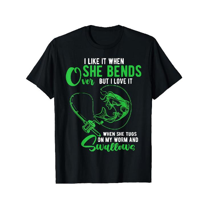 Men S Funny Fishing Graphic T-Shirt with I Like It When She Bends But I Love It When She Tugs on My Worm Slogan & Fish Design - 220gsm Heavyweight S чёрный