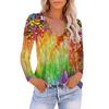 Women's Casual V-Neck Gradient Print Loose T-Shirt Pullover Long Sleeve