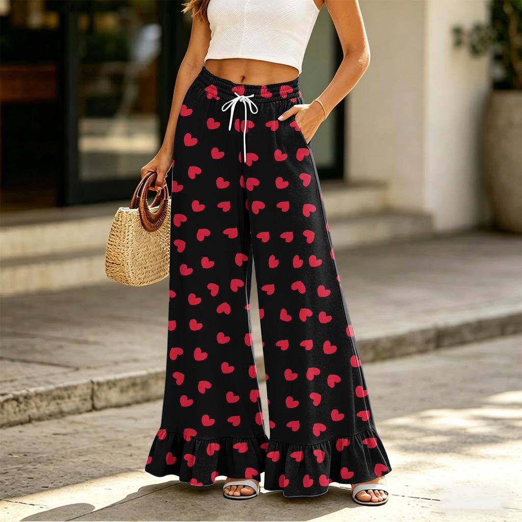 Damen High Waist Weite Hosen mit Kordelzug und Taschen Entspannte Passform Lange Hosen mit Rüschensaum und Blumendruck für Freizeitkleidung