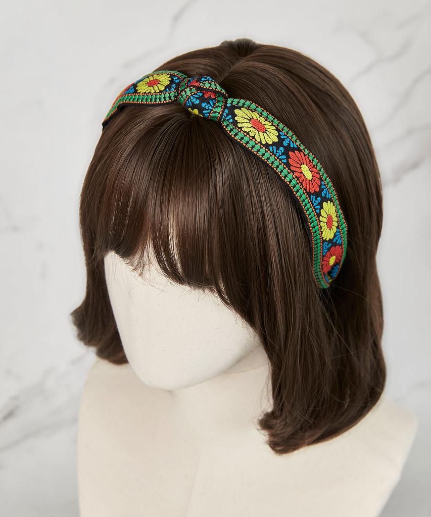 Maia Green Flower Jacquard Hairband - Knot Type Orange Green