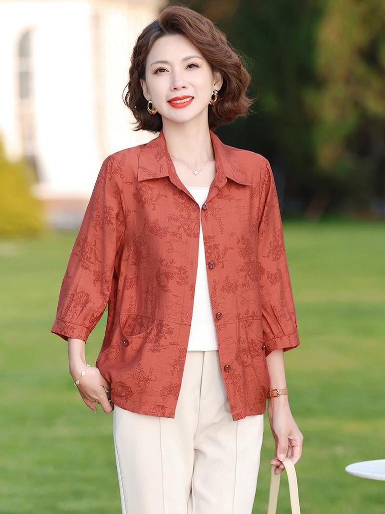 Elderly Women's Summer Solid Color Cardigan with Three-Quarter Sleeves