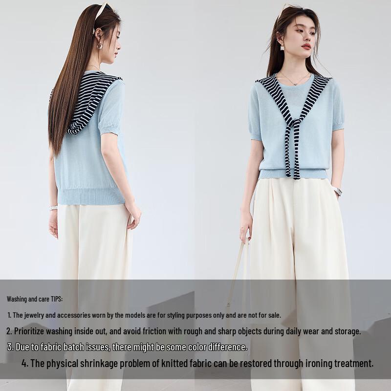 VICTORIA&VERA Women's Striped Shawl Hooded Faux Two-Piece Knit Top