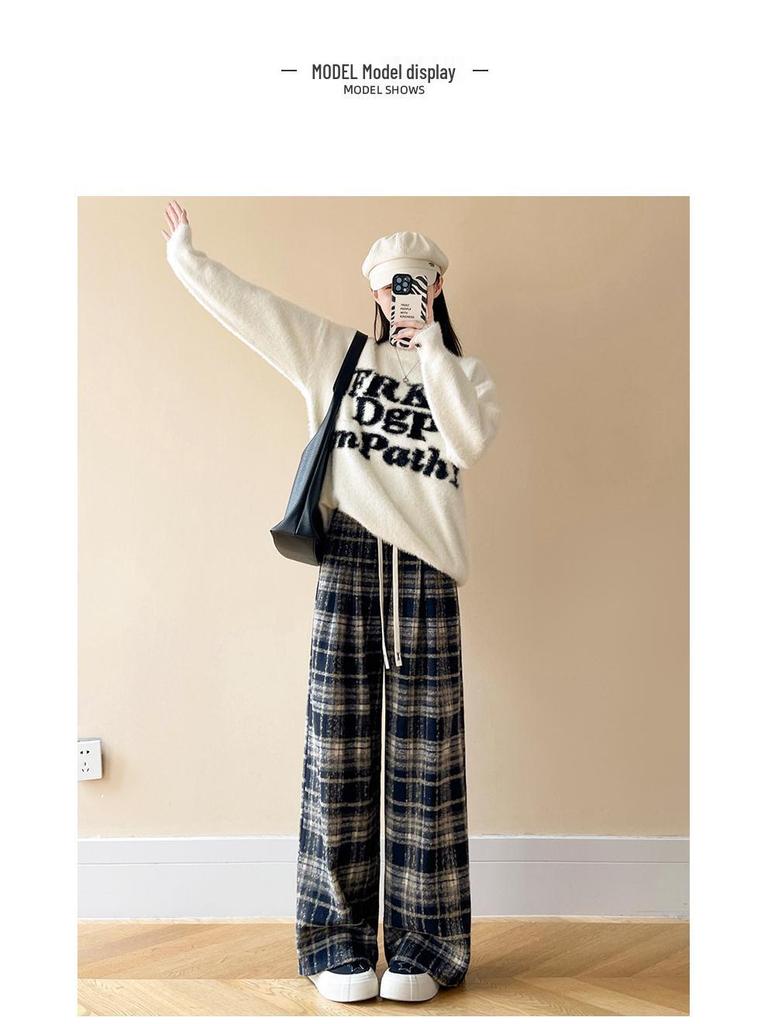 Women's Plaid Velvet-Lined Wide-Leg Pants - Autumn/Winter 2025 Retro Style