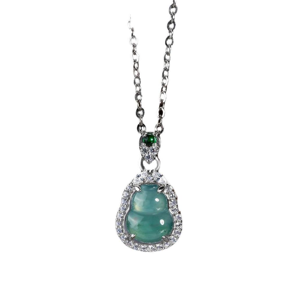Burmese Blue Water Jade Gourd Pendant Necklace with S925 Silver - Chinese Style for Women