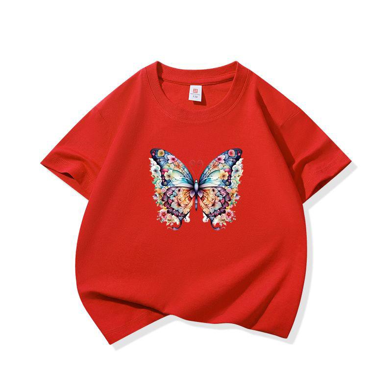 Kids Cotton T Shirt Colorful Floral Pattern Butterfly Print Crew Neck Short Sleeve Tee Casual Boys Girls Summer Tops