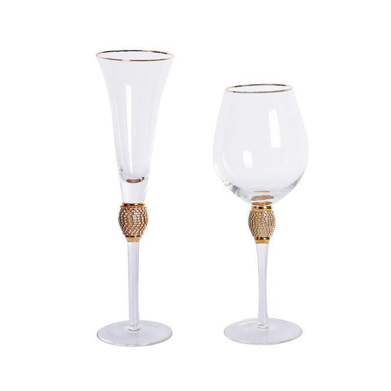 European Luxury Diamond-Embellished Gold Rim Wine Glasses Champagne Cocktail Crystal Stemware Set for Home Bar Party ElegantGift