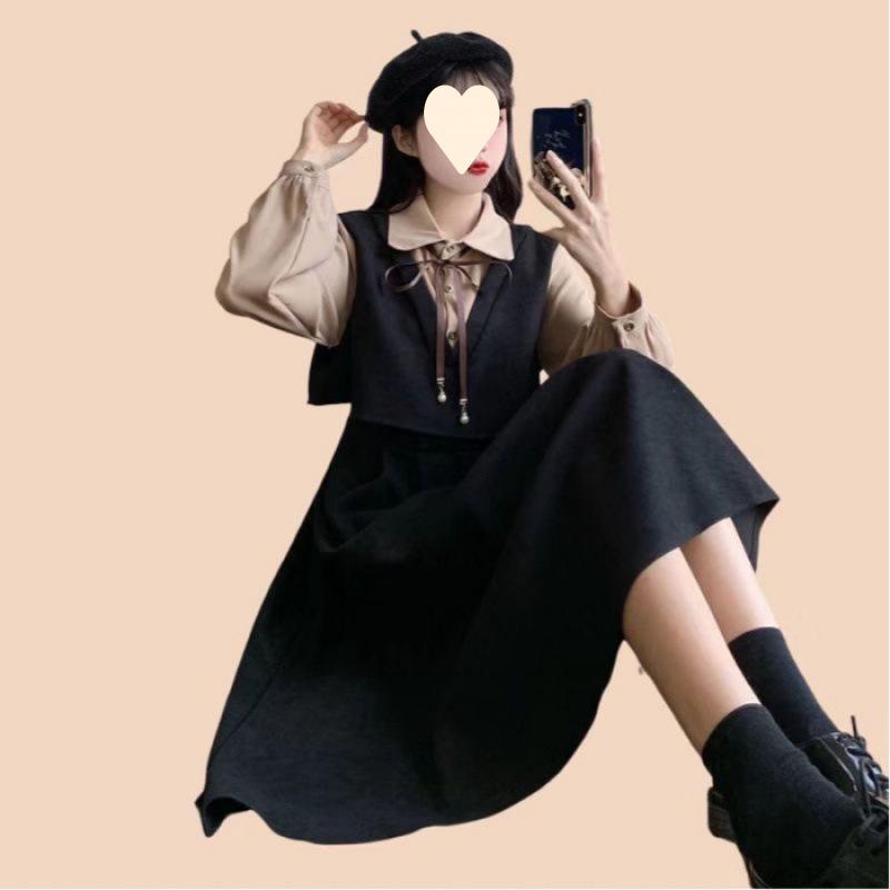 Langärmliges Kleid im koreanischen Stil für Damen, Frühling/Herbst, College-Stil, Übergröße, taillenschlank machend, zweiteiliger Look, altersreduzierend, gespleißter langer Rock