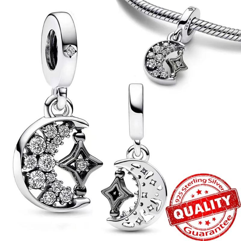 925 Sterling Silver Charm Sparkling Star Moon & Sun Pendant Fit Original Bracelets DIY Women Necklace Jewelry Gift