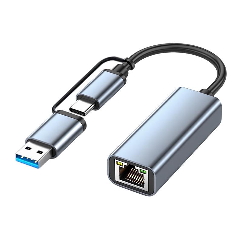 Dual-Head USB Type-C To RJ45 Gigabit Network Card, 100M/1000, Driver-Free