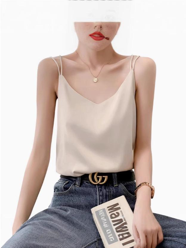 Acetate Material Sleeveless Top With Double Strap Design For Casual Women Wear