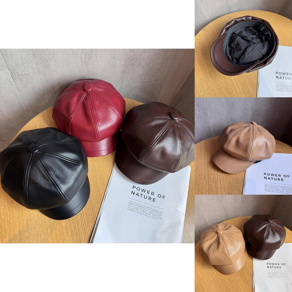 Retro Style Octagon Hat For Girls In Pu Leather With Sunshade And Breathability