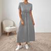 Crew Neck Solid Color Dress - Short Sleeve Drawstring Waist Side Pocket Shift Dress, Casual Breathable Cotton Tunic, Minimalist Everyday Outfit