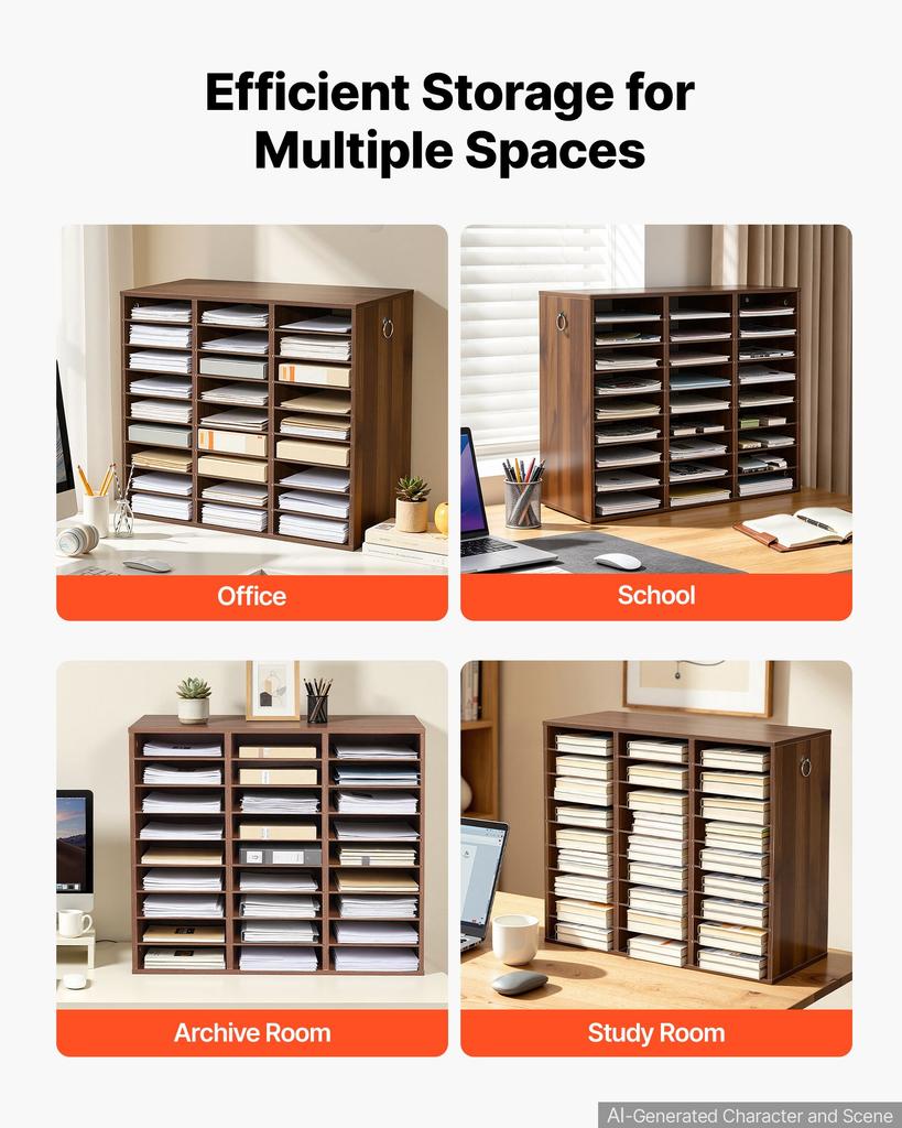 VEVOR Wood Literature Organizer 27 Compartments Office Mailboxes Brown, Countertop Literature Sorter for Files Documents Papers