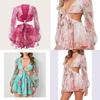 Abito estivo da donna in chiffon con maniche a lanterna e fantasia geometrica per abbigliamento casual