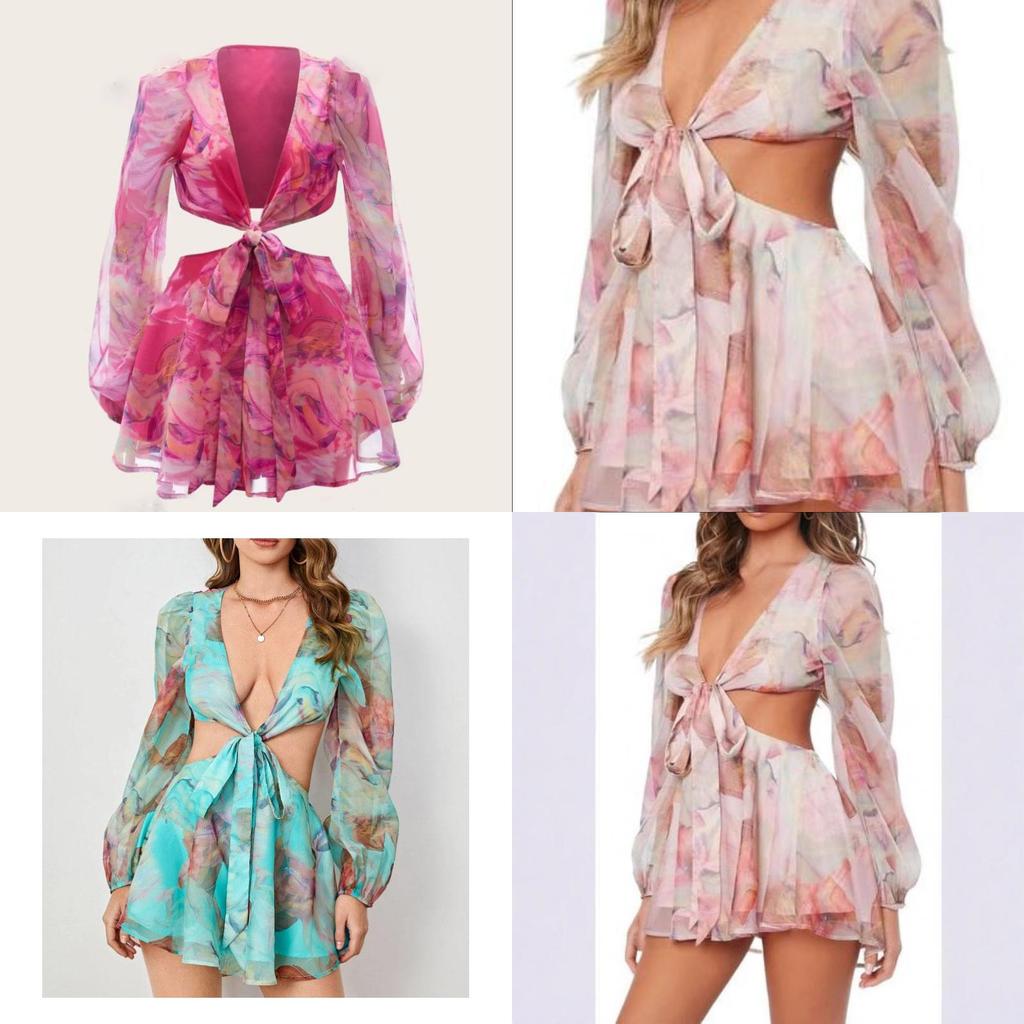 Abito estivo da donna in chiffon con maniche a lanterna e fantasia geometrica per abbigliamento casual