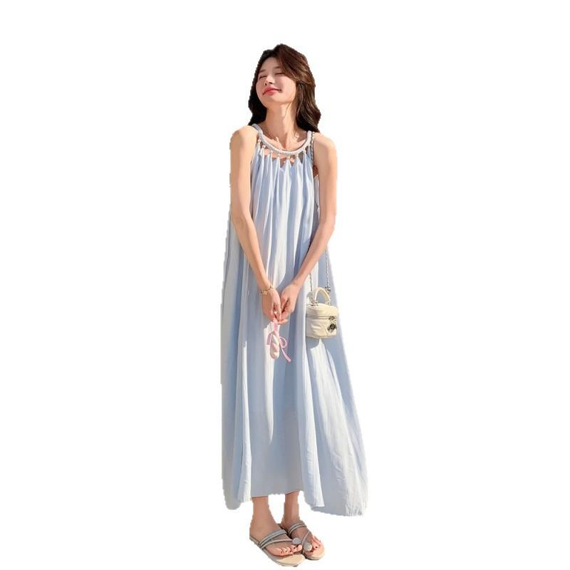Blue Small Fresh Seaside Romantic Long Dress Summer New Romantic Neck Dress Women
