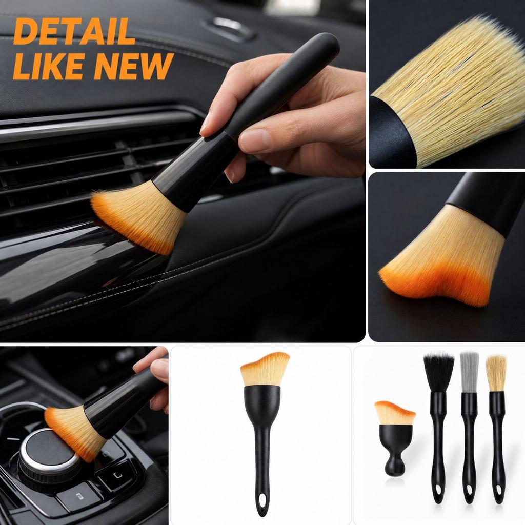 4 Piece Car Detailing Brush Set with Soft Bristles for Wheel Rims, Crevices and Interior Cleaning