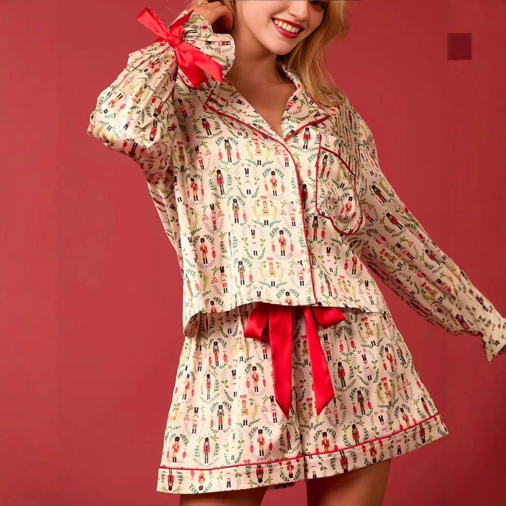 Europe and the United States 11 Autumn and Winter New Women's Clothing Christmas Printing Splicing Webbing Casual Loungewear Set