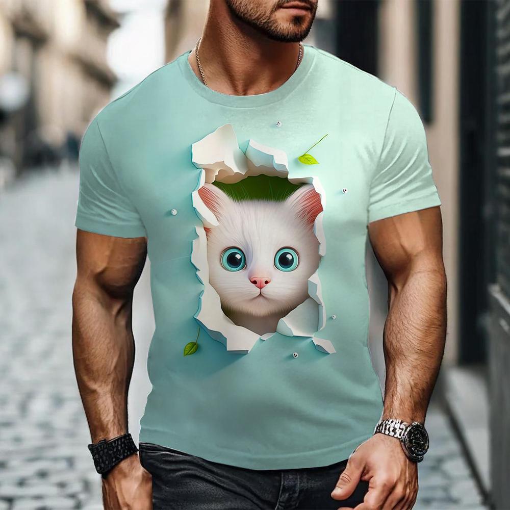 Letní Pánská Trička s Krátkým Rukávem s 3D Potiskem Kreslené Kočky s Kulatým Výstřihem