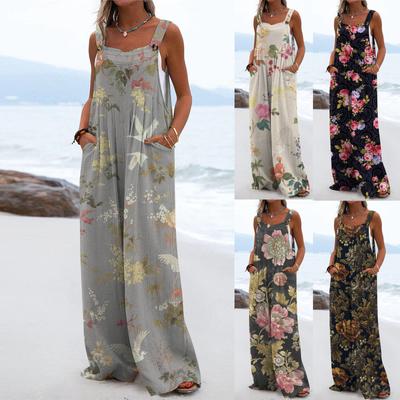 (Quinide) Monos de pierna ancha para mujer, monos informales sueltos sin mangas, mono con botones y estampado Retro, pantalón largo, mono con bolsillos
