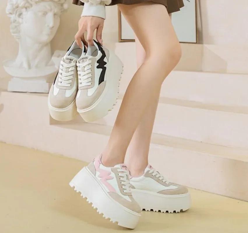 High Quality 8cm Women Chunky Sneakers New Fashion Autumn Spring Shoes Cloth Pigskin Casual Platform Wedge Pumps Genuine Leather