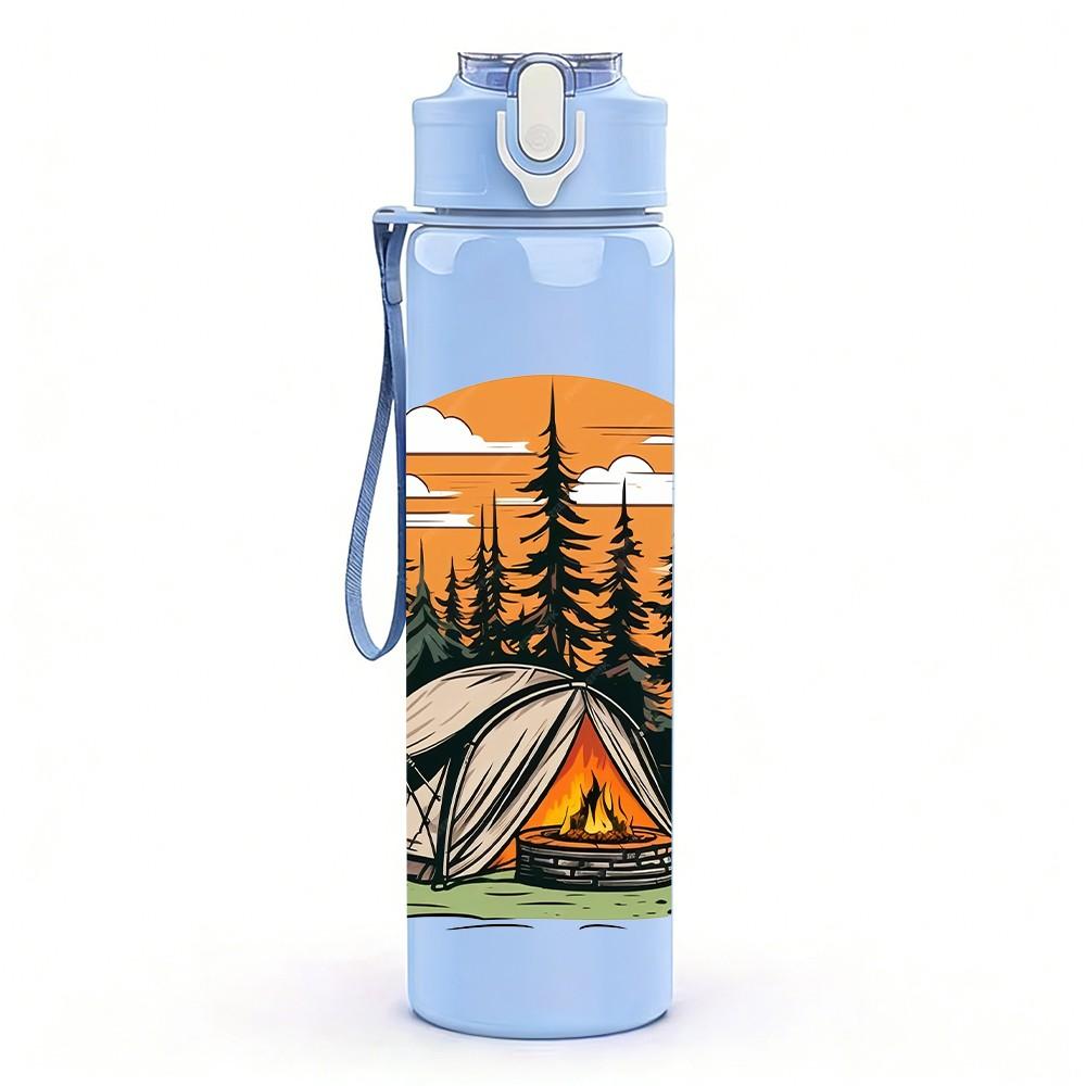 1PC Camping Tent Mountain Sunset Print 750ml Color Plastic Sports Water Bottle Leakproof Flip Straw Lid Suitable for Sports Office Home Use