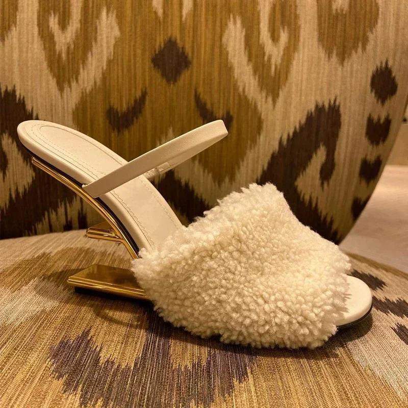 

Сексуальные туфли на высоком каблуке Женские меховые тапочки 2024 Зима Теплые плюшевые шлепанцы Мода Роскошь Сандалии с открытым носком Туфли-лодочки Mujer Слайды Zapatos 40 белый