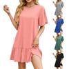 Loose Casual Dress Women Short Sleeve Summer Ruched Solid Color Crew Neck Spring Leisure Trade