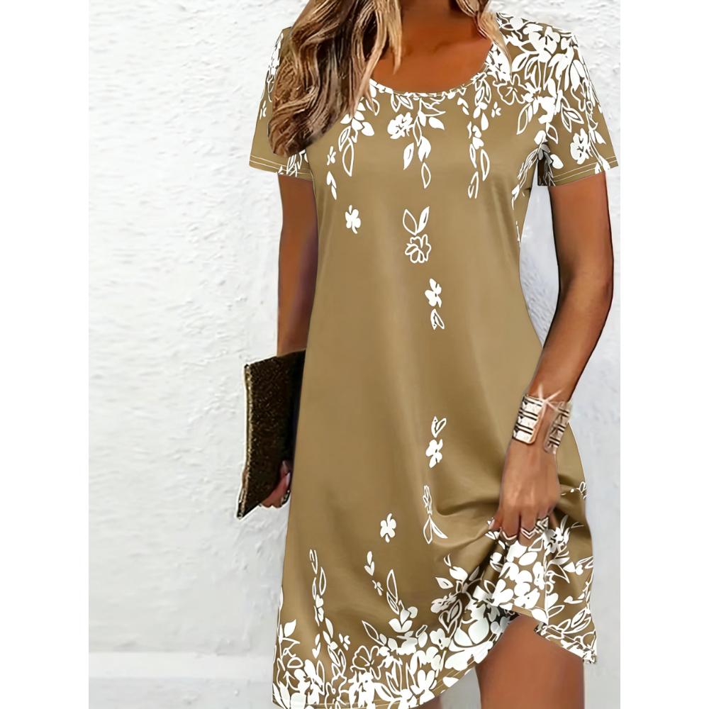 Damen Casual Blumenmuster Minikleid Vintage Rundhals Kurzarm Modisch Boho Freizeitkleider