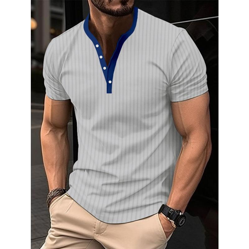 Mens Striped Contrast Collar Half Button Short Sleeve Casual T Shirt