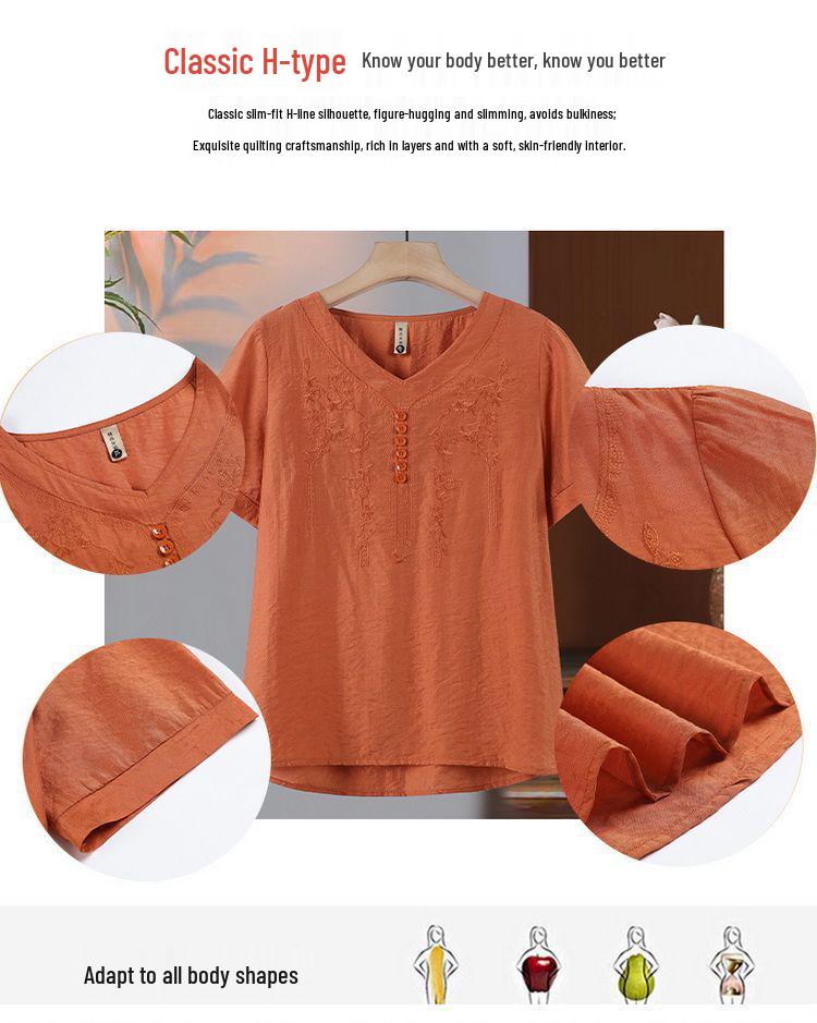 Women's Tencel Linen Embroidered Short-Sleeve T-Shirt & Pants Set - Summer Style for Middle-Aged Moms