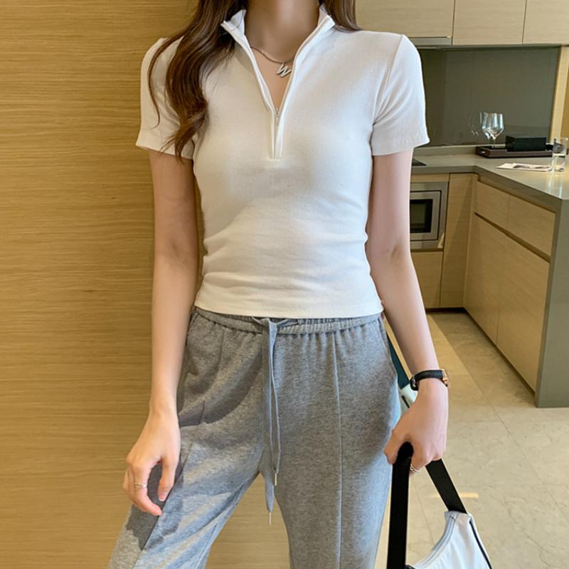 Summer New Slim Fit Cotton Short Sleeve Casual T-shirt Women Fashion Zipper Stand Temperament Simple Woman Tshirts Elegant Office Lady Tees Tops 26570