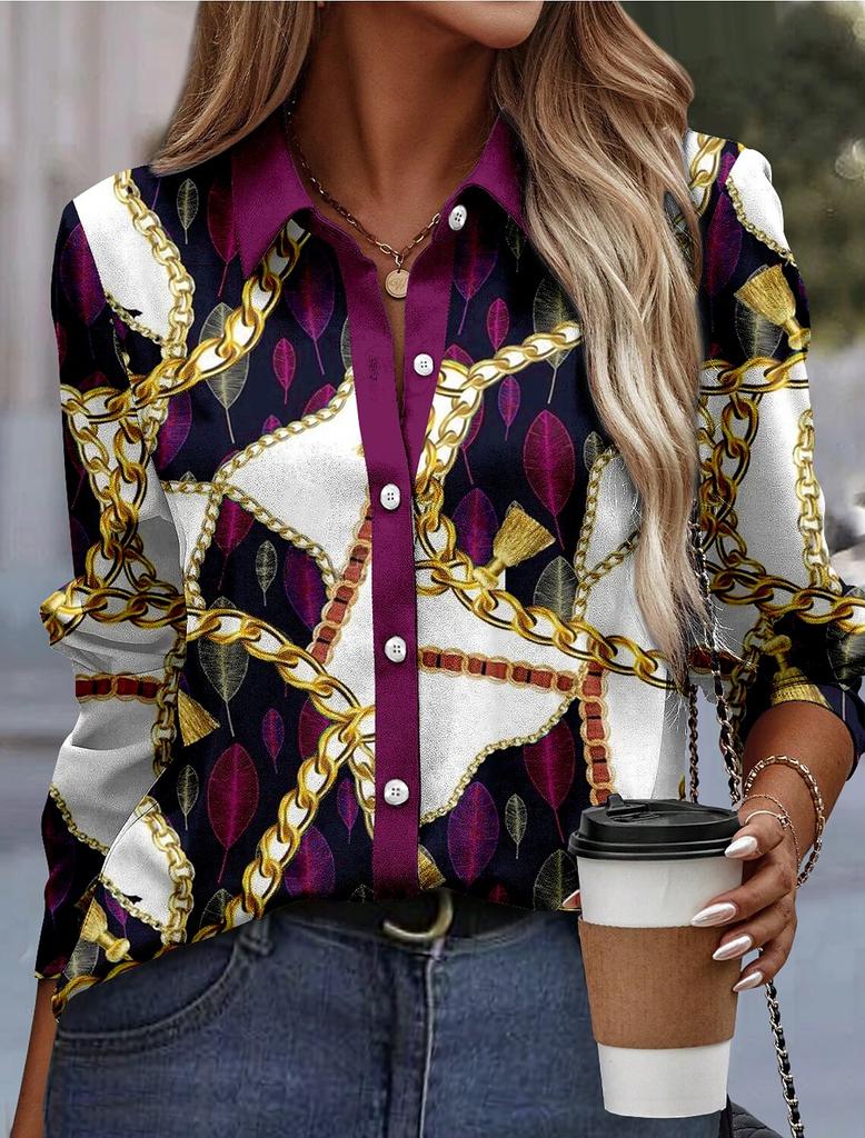 Funny Ladies Clothing Casual Long Sleeve Shirt V Neck Loose Spring and Autumn Green Chain Print Loose Plus Size Womens Shirt