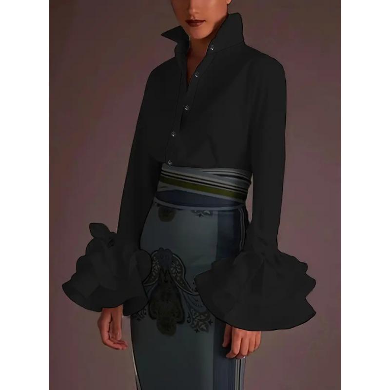 Damenbluse, Frühlingsmode, Rüschenärmel, Weiß, Lässig, Locker, Elegant, Vintage, Slim Fit, Unifarben, Bürobluse, Oberteile