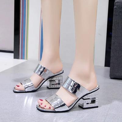 New Summer Block-heeled Sandals for Women Shiny Heeled Slippers Roman Semi-slippers Women Shoes  Sandals
