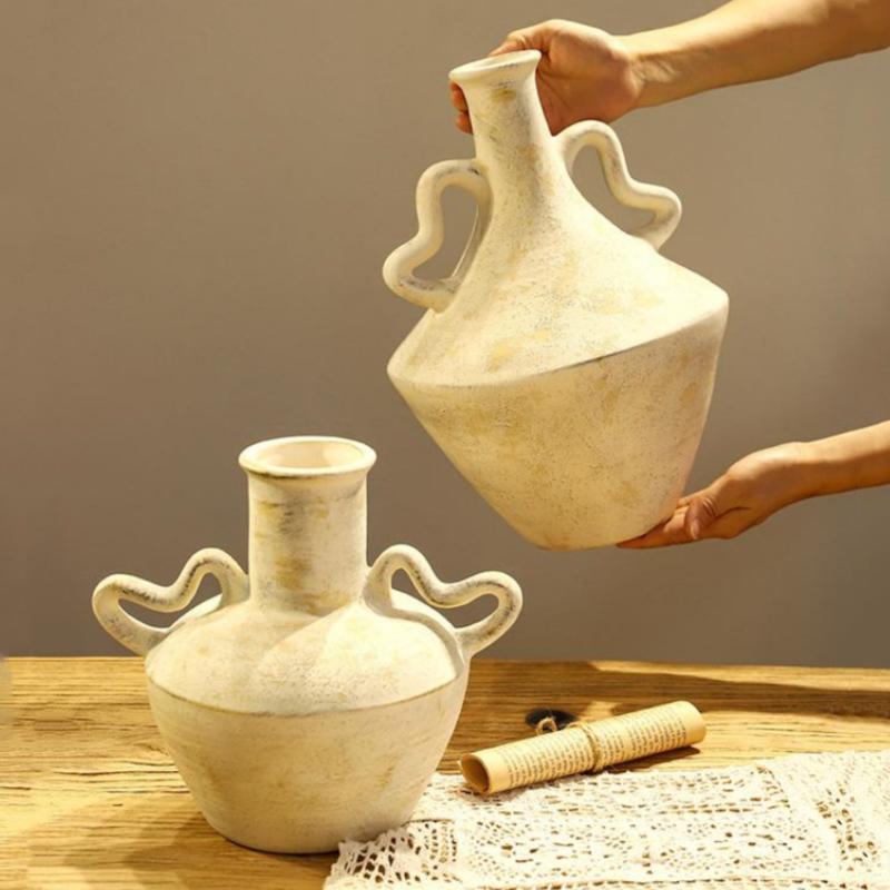 Ceramic Vase Retro Pot Rough Pottery Geometric Handle Flower Vase Flower Arrangement Accessories Flowerpot Home Decoration