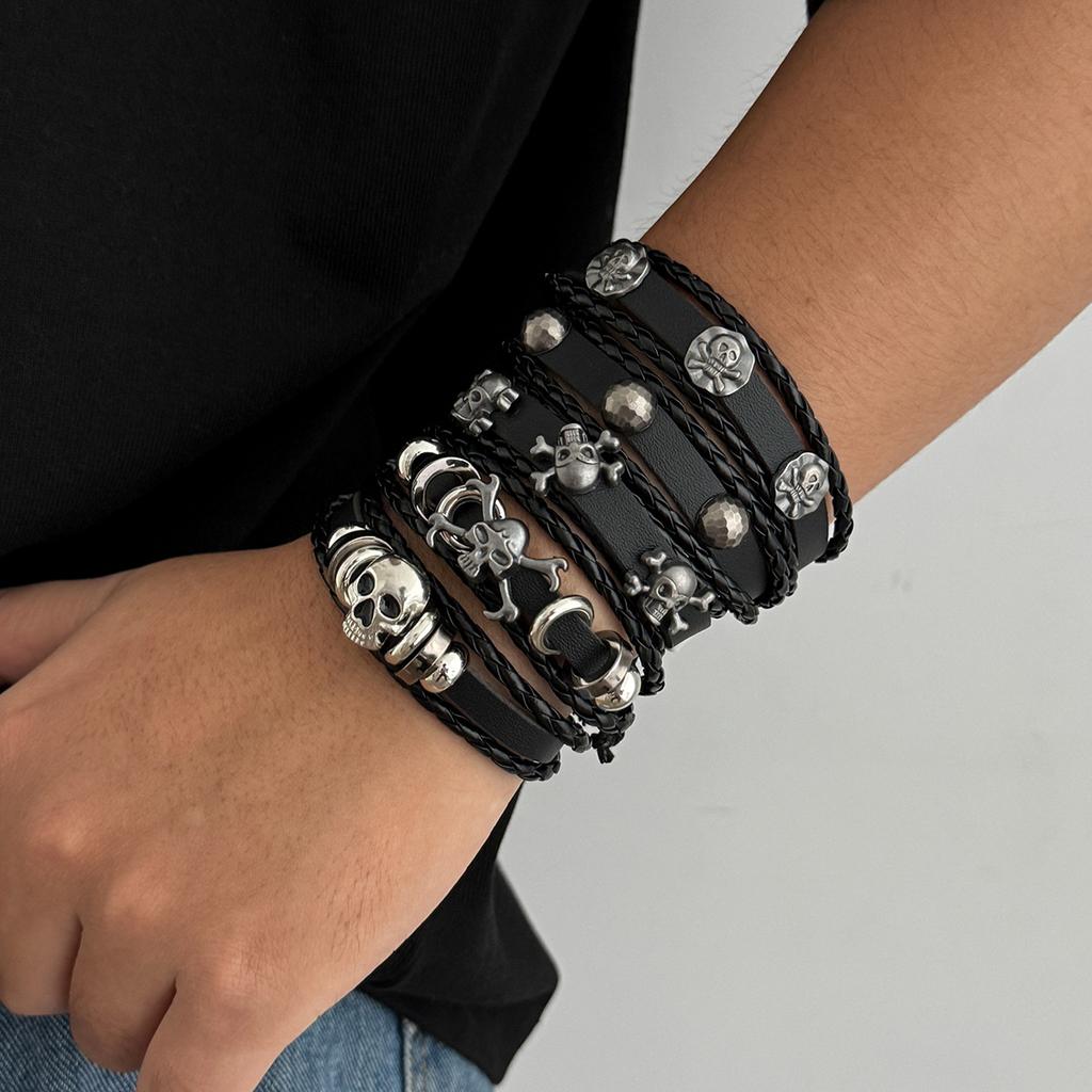 PU Skull Bracelet Set Fashionable Personality Halloween Punk Style Exaggerated Bracelet Men's Jewelry