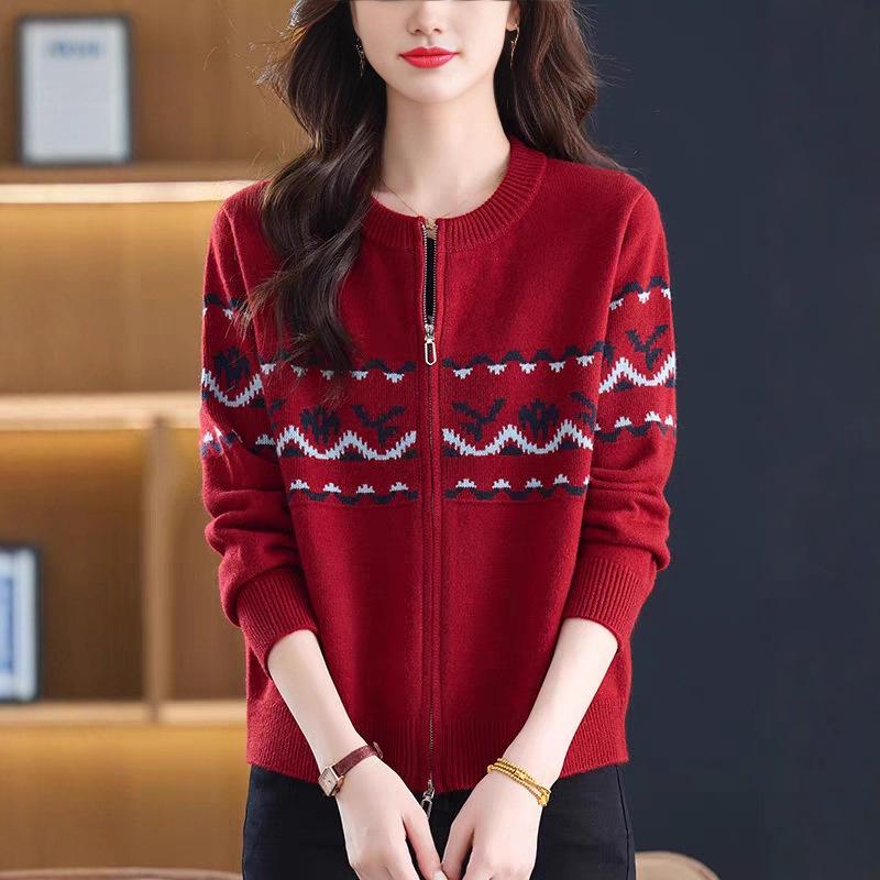 Women's Jacquard Color Block Zipper Cardigan - Soft Fluffy Knitwear, Casual Loose Fit, Round Neck Korean Style Sweater