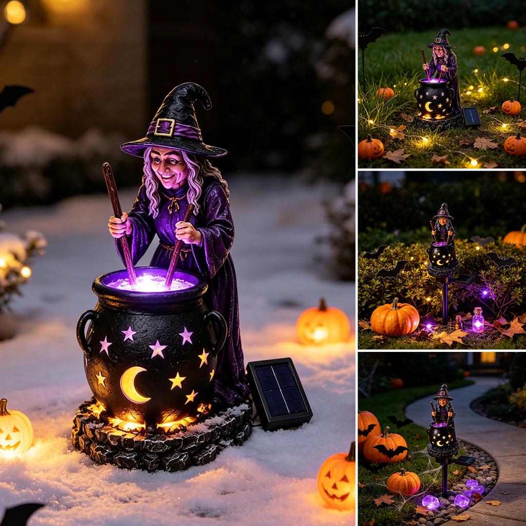 Dark Atmosphere Night Light Solar Witch Statue with Glowing Cauldron, Outdoor Halloween Garden Light, Party Decorations Resin Decorative Figurine