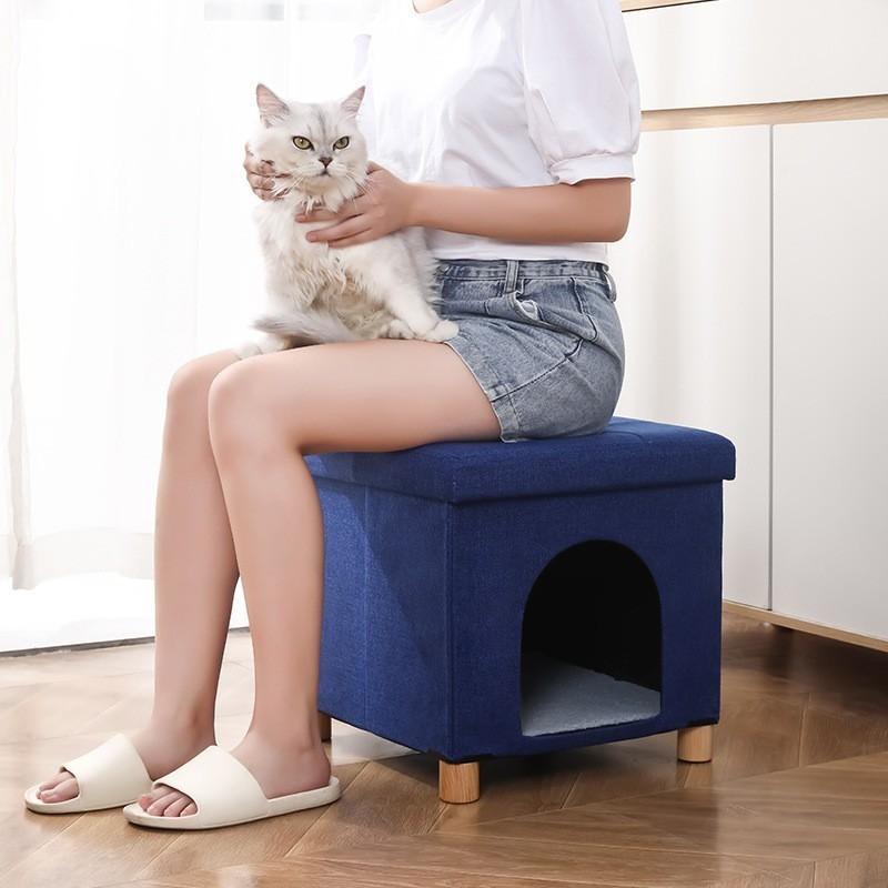 Foldable Pet Bed Bench Cats Small Dogs Multi-Functional Storage Seat Portable Fabric Lounger In Gray Blue Dark Brown