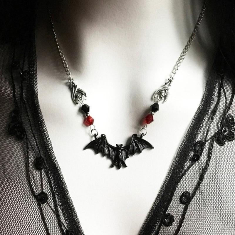 Bat Pendant Necklace Gothic Alloy Jewelry with Adjustable Chain and Faceted Bead Detail for Daily Wear Halloween Cosplay