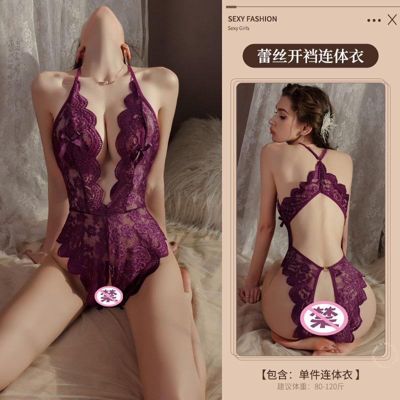 Sexy underwear women's sexy deep v lace perspective beauty back engraved neck empty crotch jumpsuit uniform 8890