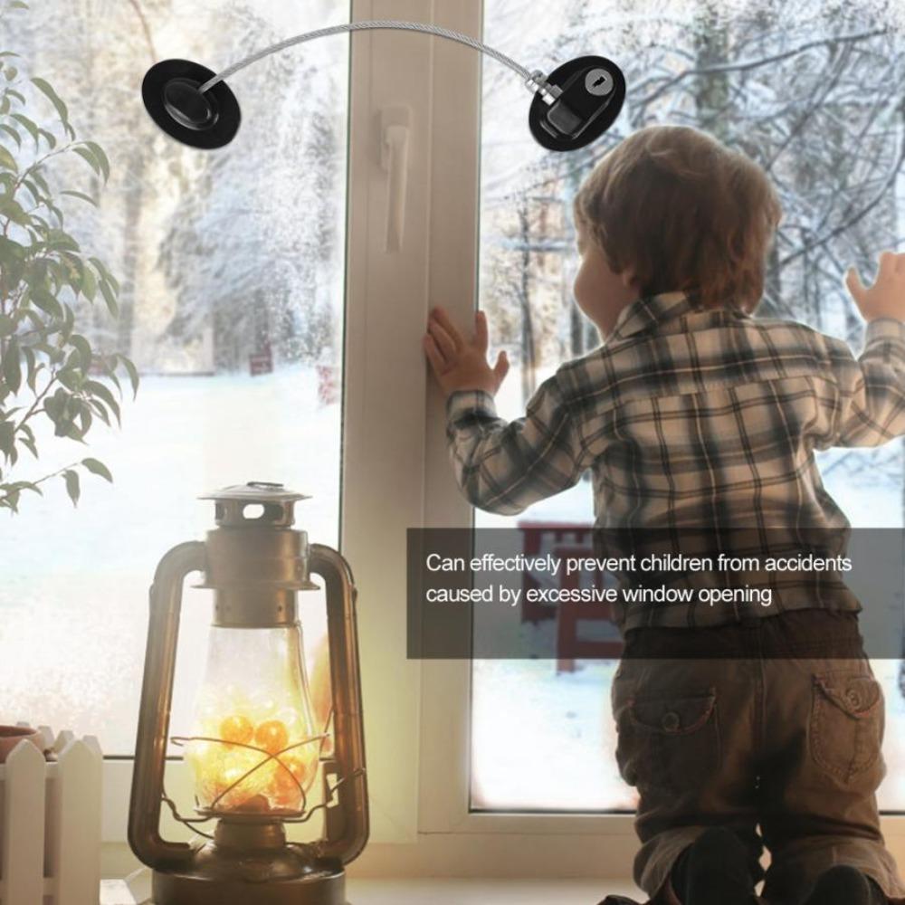 2Pcs Window Security Lock Self Adhesive Children Safety Lock No Drilling with Key Steel Wire Lock Rope Wear-resistant Easy Use