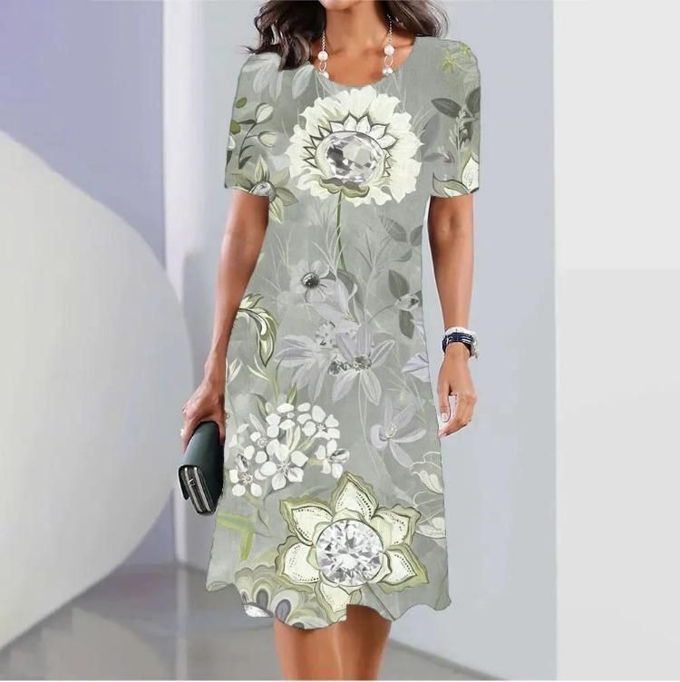 2024 Ny Sommer Blomstermønstret Elegant Kjole Kvinner O-Hals Kort Erme Casual Løs Komfortabel Vintage Lang Damekjole