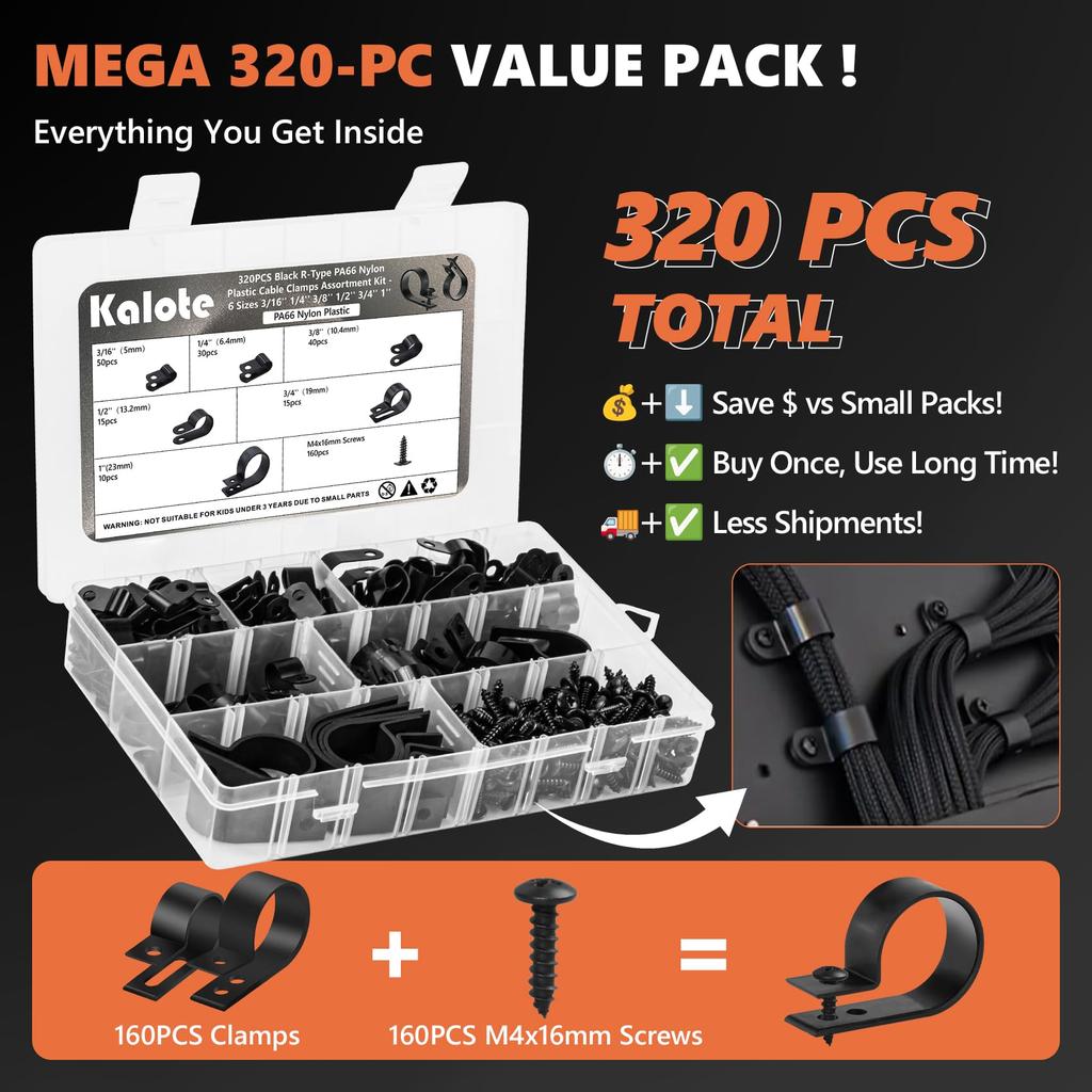 320PCS Black R Cable Clips-6 Sizes Premium PA66 Nylon | High Temp Resistant |  Wire Management Clamps