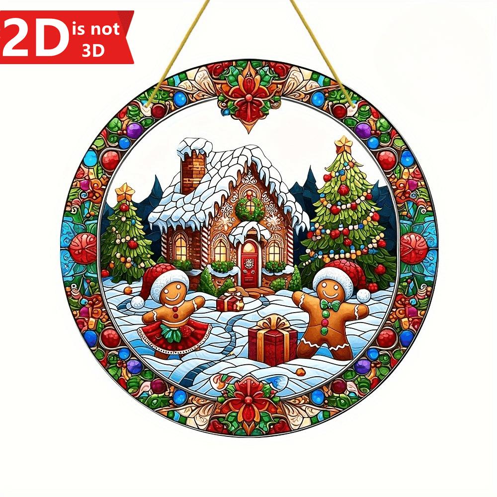 

2D flat 1pc joyful gingerbread man sunshine catcher, round colored glass pendant, suitable for Christmas decoration чистый